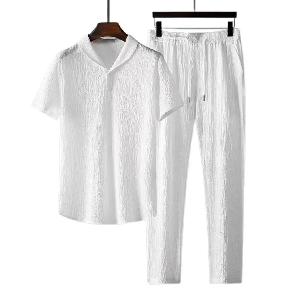 Fashion-forward image of the casual summer suit set, designed for men with an elastic waistband detail, combining comfort with elegance.