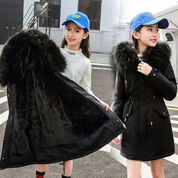 Trendy luxury girls winter coat in vibrant colour options, featuring a fashionable fur collar, suitable for ages 5-14, for stylish winter outings.
