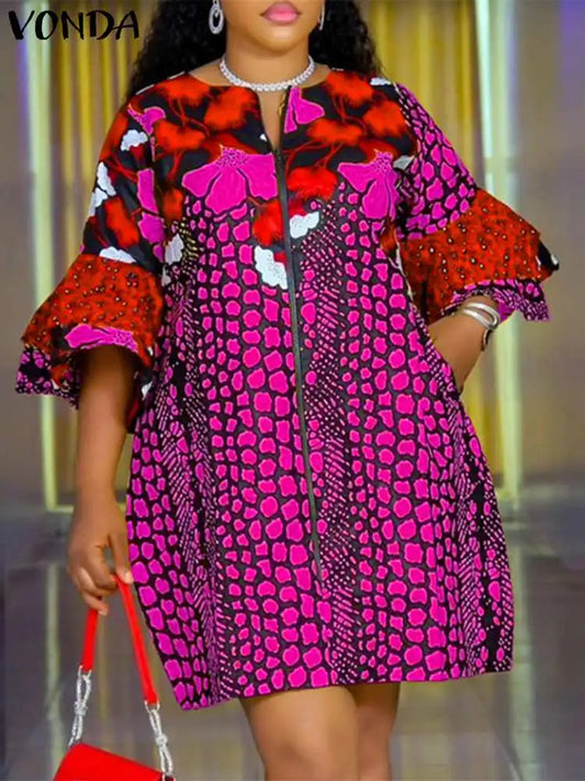 Elegant Plus Size 5XL VONDA Bohemian A-Line Dress for Women, featuring Flare Sleeves and a vibrant Printed design, perfect for summer occasions.