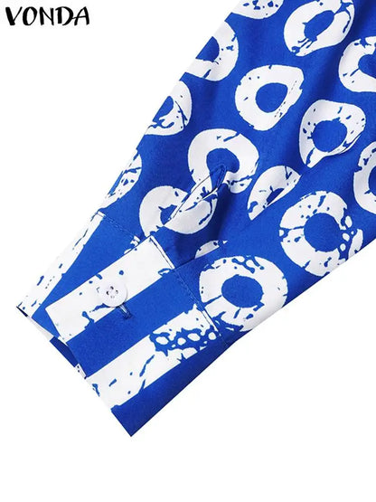 Elegant plus size 5XL VONDA women's casual matching set featuring a stylish long sleeve shirt with polka dot and striped design, paired with comfortable elastic pants.