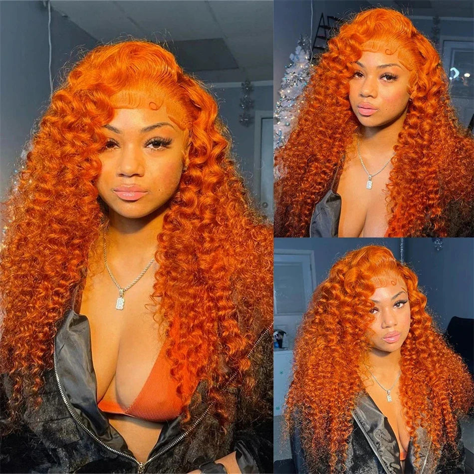 Luxurious Orange Ginger Curly Deep Wave Brazilian Human Hair Wig with 13x6 HD Lace Frontal, showcasing vibrant colour and exquisite texture.