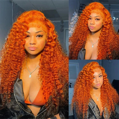 Luxurious Orange Ginger Curly Deep Wave Brazilian Human Hair Wig with 13x6 HD Lace Frontal, showcasing vibrant colour and exquisite texture.