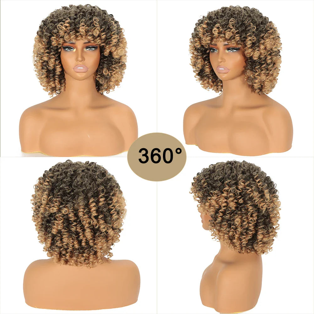 Elegant close-up of short Afro blonde curly wig, featuring heat-resistant fibres, perfect for daily wear.