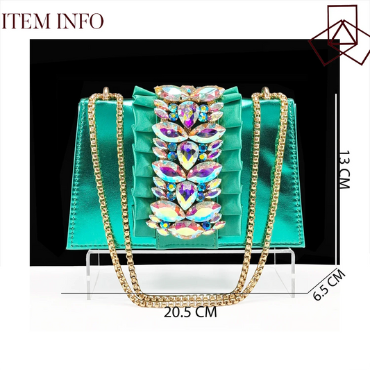 Stylish rhinestone bag set accompanying green women's high heels, showcasing luxury and fashion for adult women in sizes 38-43.