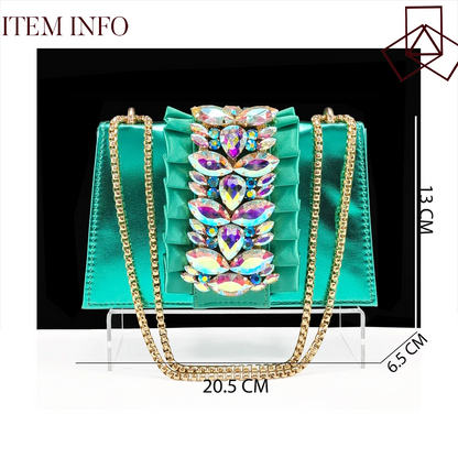 Stylish rhinestone bag set accompanying green women's high heels, showcasing luxury and fashion for adult women in sizes 38-43.