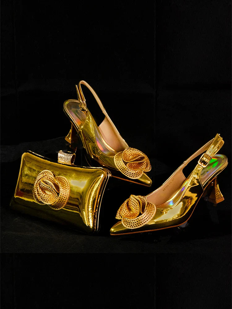 Fashion-forward gold high heel ankle strap pumps, perfectly paired for a refined evening look, blending comfort with style.