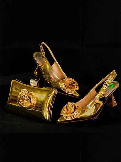 Fashion-forward gold high heel ankle strap pumps, perfectly paired for a refined evening look, blending comfort with style.
