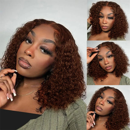 Stylish model wearing a Brown Kinky Curly Short Bob Wig, 100% Remy Brazilian hair, highlighting its elegance and versatility for everyday wear.