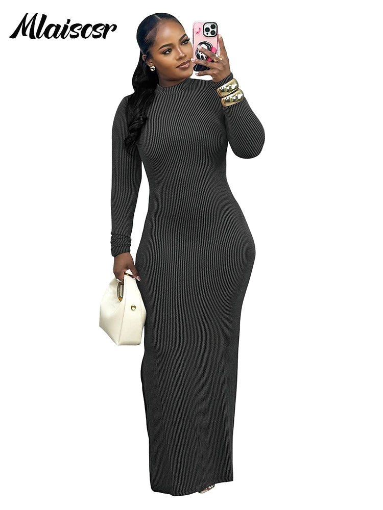 Side view of the Mlaiscsr Bodycon Dress featuring a stylish side split, designed for a flattering fit and effortless elegance, ideal for evening ensembles and formal occasions.