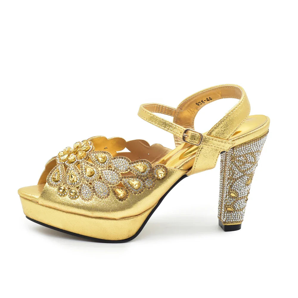 Luxury designer peep-toe pumps in gold with a matching bag, showcasing a hollowed design, perfect for elegant occasions.