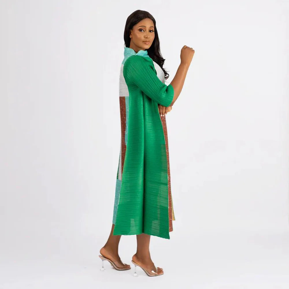 Beautiful draping of the plus size pleated long dress in vibrant colors, highlighting the elegant O-neck design perfect for special occasions.