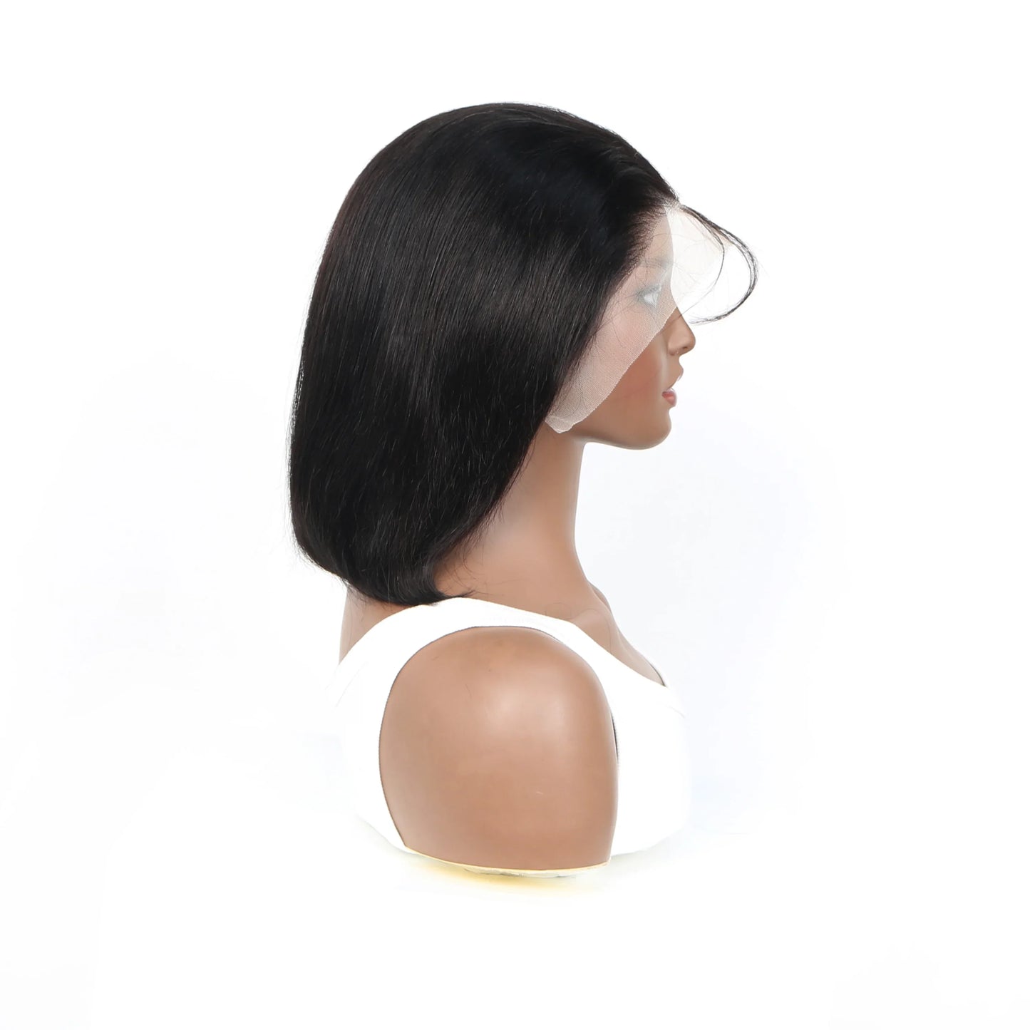 Chic Brazilian human hair wig in a short bob style, highlighted by its pre-plucked hairline and luxury Swiss lace.