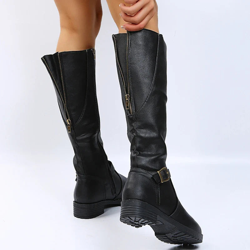 Elegant women's knee-high platform long boots crafted from premium PU leather, featuring a sophisticated square heel and a chic buckle detail, perfect for winter fashion.