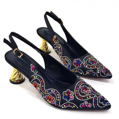 Close-up of exquisite rhinestone detailing on stylish fuchsia high heels, showcasing luxury craftsmanship ideal for special occasions.