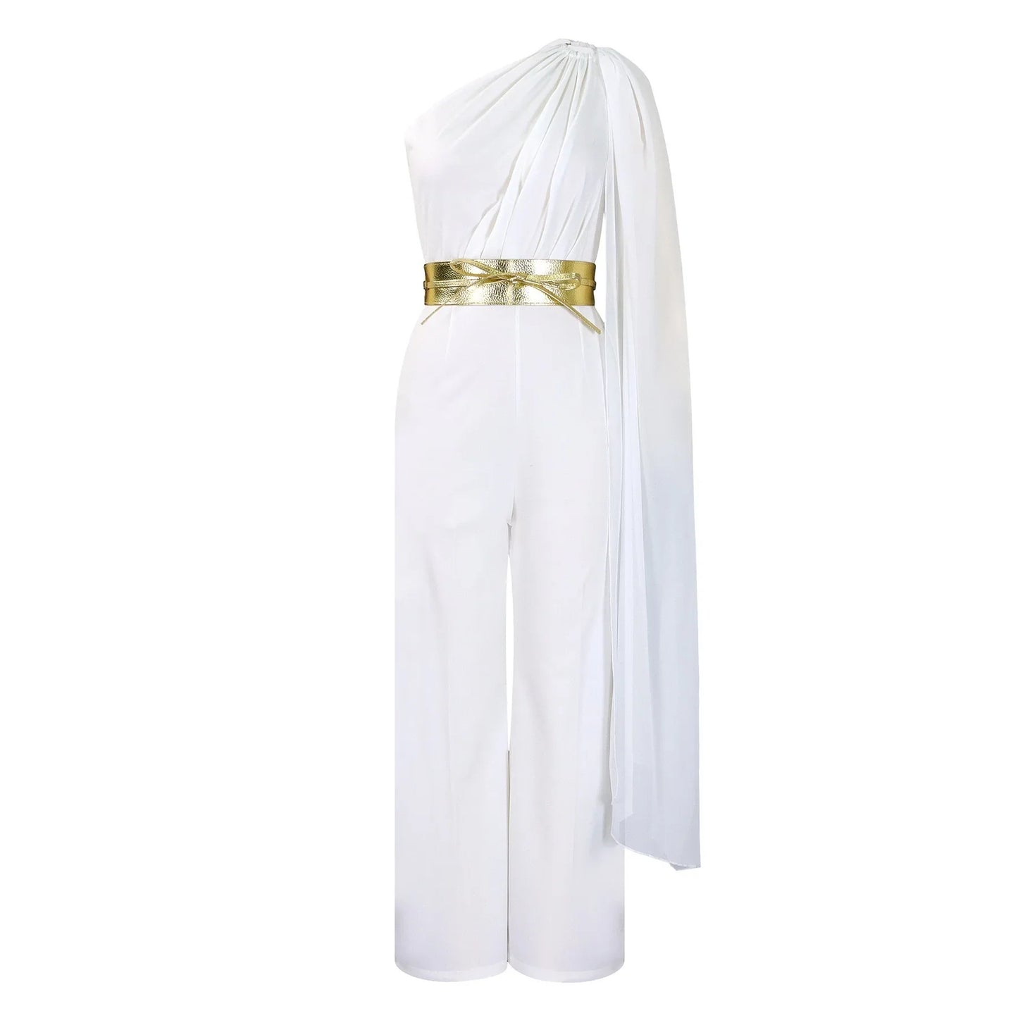 Elegant one shoulder high waisted jumpsuit for women, featuring flying sleeves and crafted from luxurious polyester. Perfect for club and formal occasions, available in sizes S to XXXL.