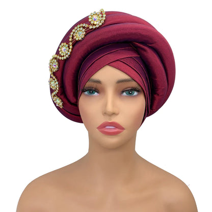 Elegant Twisted Braid Turban Cap in Raw Silk for Women, showcasing intricate beading detail, perfect for adding a touch of luxury to any outfit.