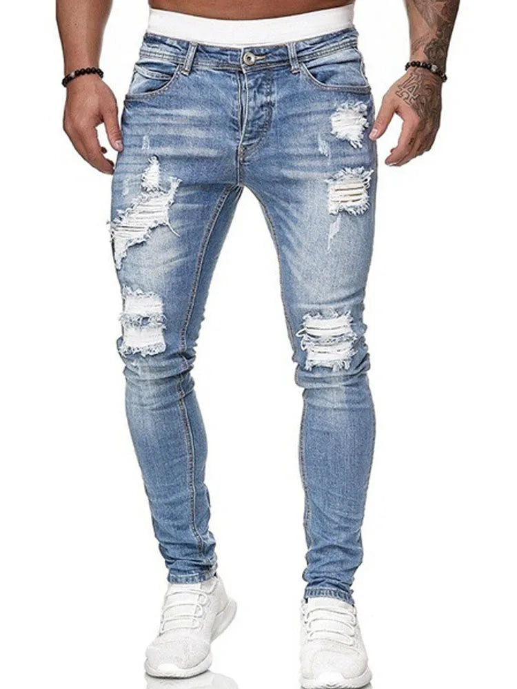 Luxury men's ripped skinny jeans in vintage stonewashed denim, showcasing a casual slim fit and pencil pants style, perfect for any fashionable wardrobe.