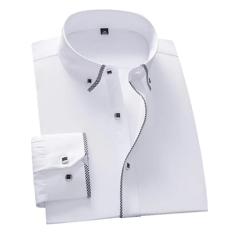 Elegant men's slim fit white button-down dress shirt with long sleeves, crafted from premium cotton for a luxurious feel, designed for smart casual occasions, available in sizes 5XL to 8XL.
