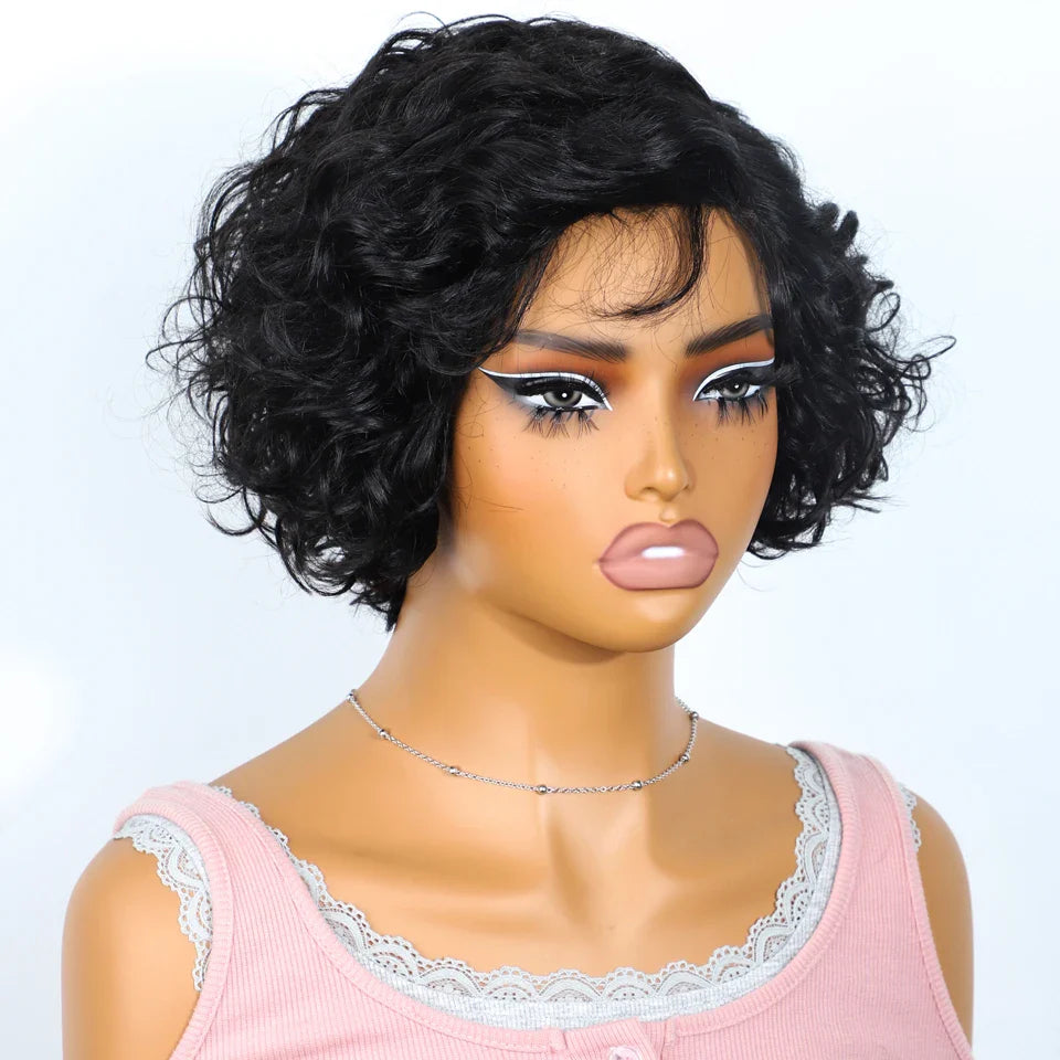 Close-up of lace front on a luxurious pixie cut wig, showcasing the quality craftsmanship and realistic hairline.