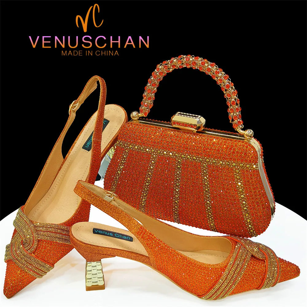 Luxurious orange African women's shoes paired with an exquisite bag set featuring shining crystals, perfect for weddings and elegant parties.