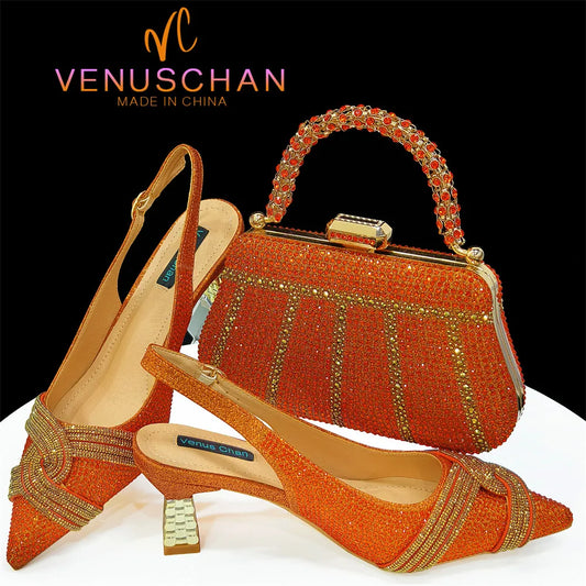 Luxurious orange African women's shoes paired with an exquisite bag set featuring shining crystals, perfect for weddings and elegant parties.