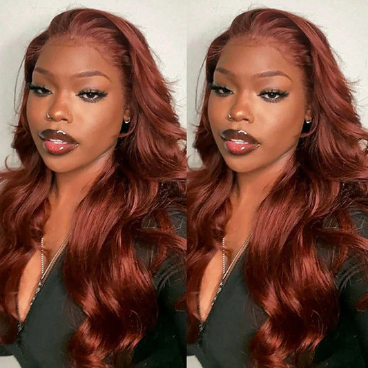Close-up of luxury 13x4 reddish brown lace front wig, showcasing the soft body wave texture and high-quality human hair for a stunning look.