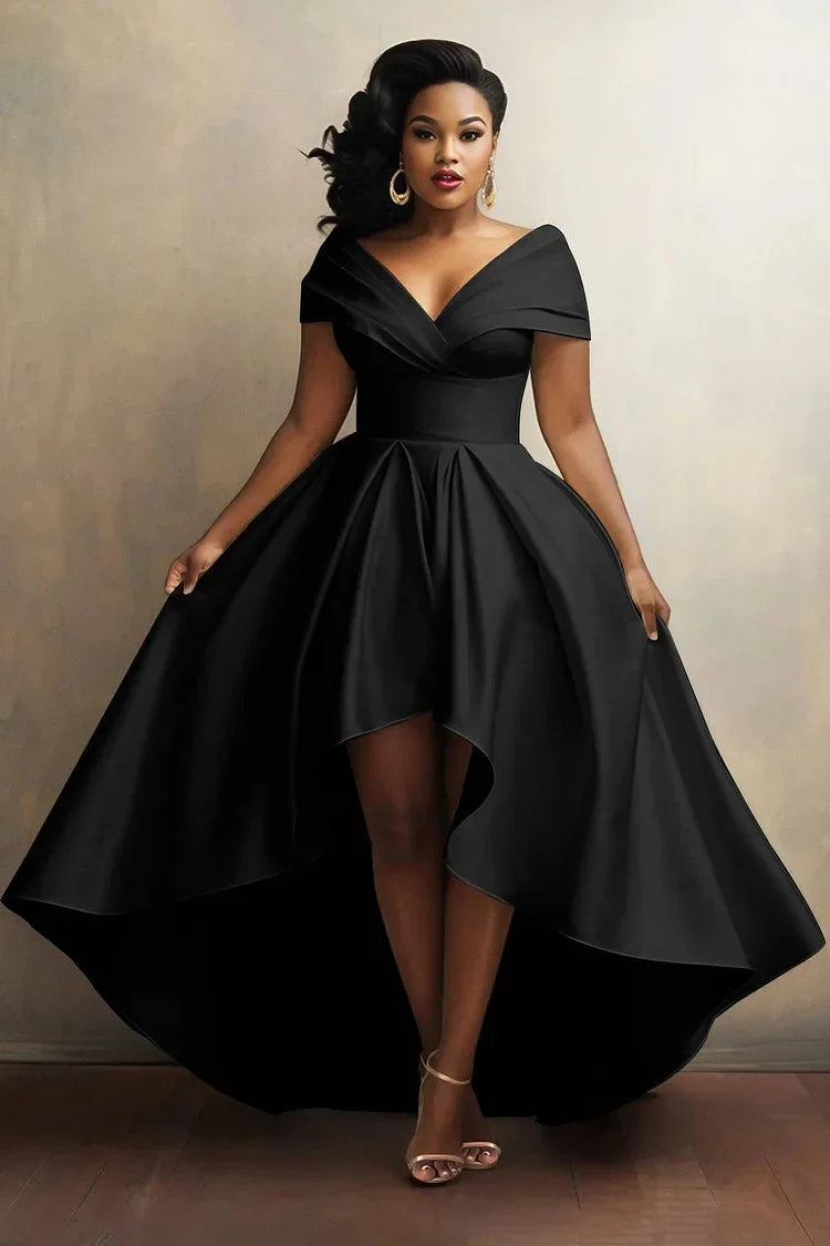 Stylish and sophisticated plus size evening dress with a chic irregular hem, perfect for spring and summer formal gatherings.