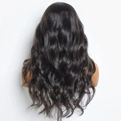 Beautifully styled Luxury 180D Lace Front Wig, demonstrating the natural flow of Brazilian human hair in a stunning body wave design.