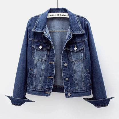 Luxury women's loose denim jacket with long sleeves and a casual button overcoat design, perfect for ages 35-45. Available in sizes up to 5XL, crafted from polyester and cotton, showcasing a solid pattern ideal for spring and summer.