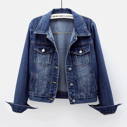 Luxury women's loose denim jacket with long sleeves and a casual button overcoat design, perfect for ages 35-45. Available in sizes up to 5XL, crafted from polyester and cotton, showcasing a solid pattern ideal for spring and summer.