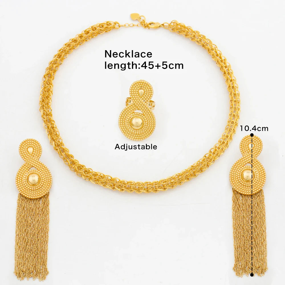 Stylish luxury gold tassel earrings from a 3-piece African fashion jewelry set, perfect for women seeking trendy yet sophisticated accessories for parties and weddings.
