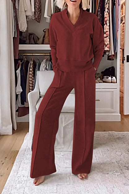 Chic wide leg pants from the Women's V-Neck Long Sleeve Casual Set, exemplifying comfort with a touch of luxury.