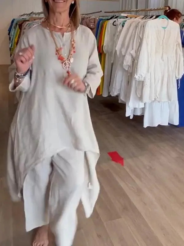 Stylish Women's Cotton Linen Suit with a flattering V-neck and elegant button decoration, designed for a polished office appearance.