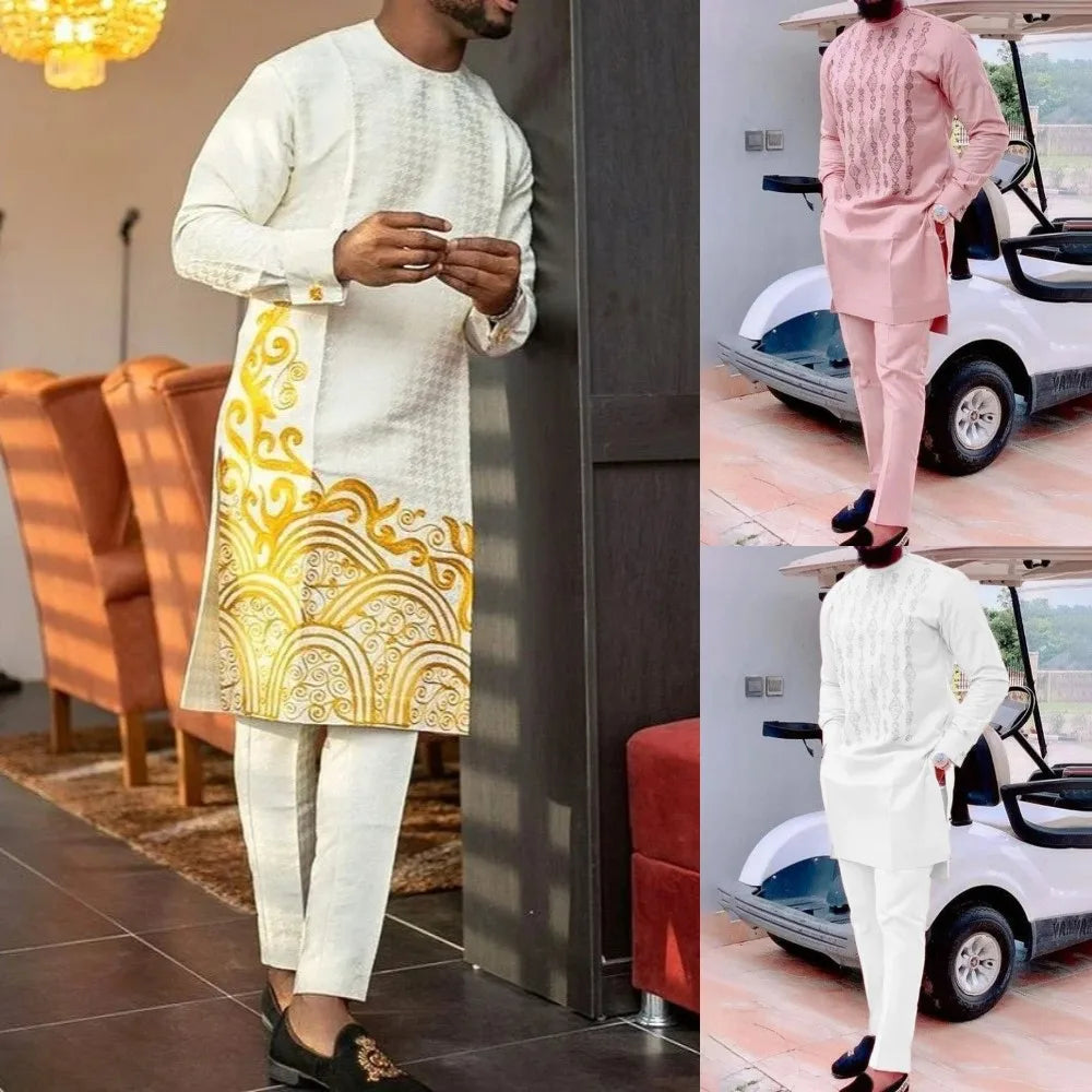 Close-up of the intricate geometric print design on the Men's Luxury White Two-Piece Suit, highlighting its modern aesthetic for contemporary men.