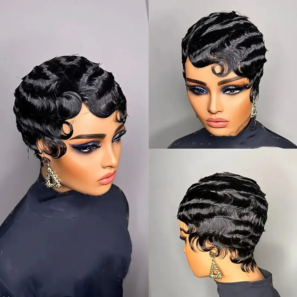 Close-up of a luxury women's brown short wig, showcasing the soft curls and high-quality Remy Brazilian human hair.