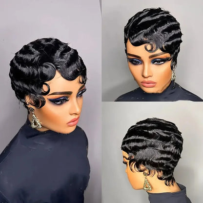 Close-up of a luxury women's brown short wig, showcasing the soft curls and high-quality Remy Brazilian human hair.
