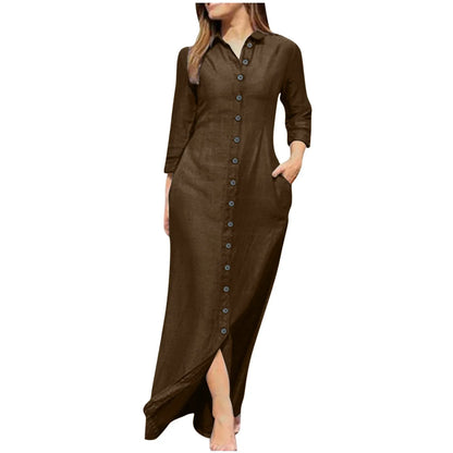 Sophisticated women’s cotton blend dress with full sleeves, showcasing a regular fit and elegant design, suitable for formal occasions.