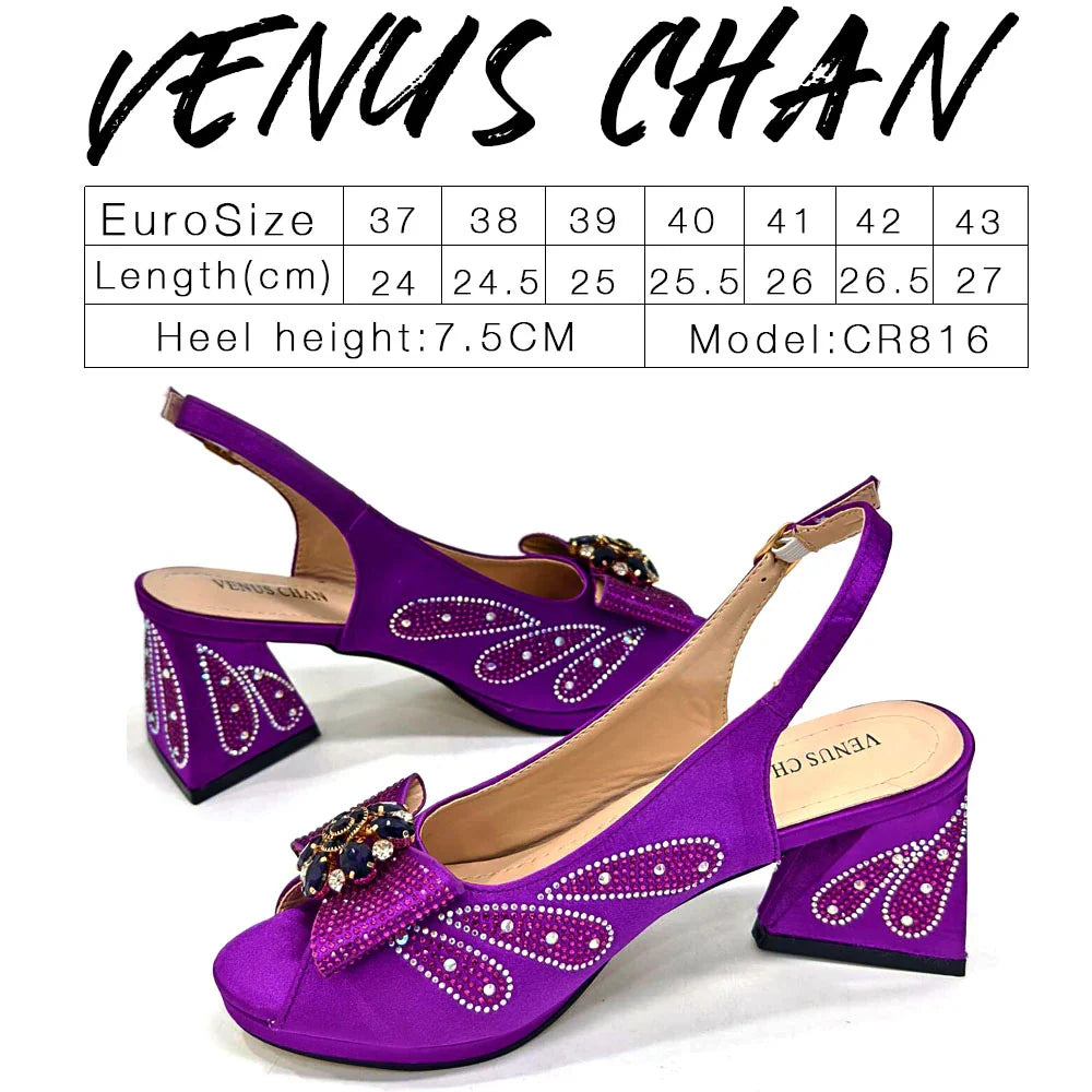 Matching handbag set featuring a stylish metal handle, complementing the Venus Chan high heel pumps in vibrant purple.