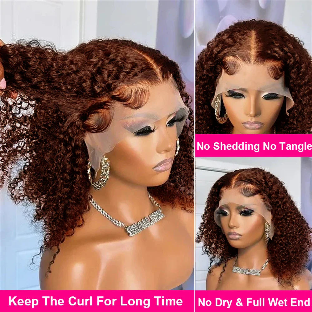 Luxury Brown Kinky Curly Short Bob Wig showcasing a 13x4 lace front with Brazilian Deep Wave human hair in rich #4 color.