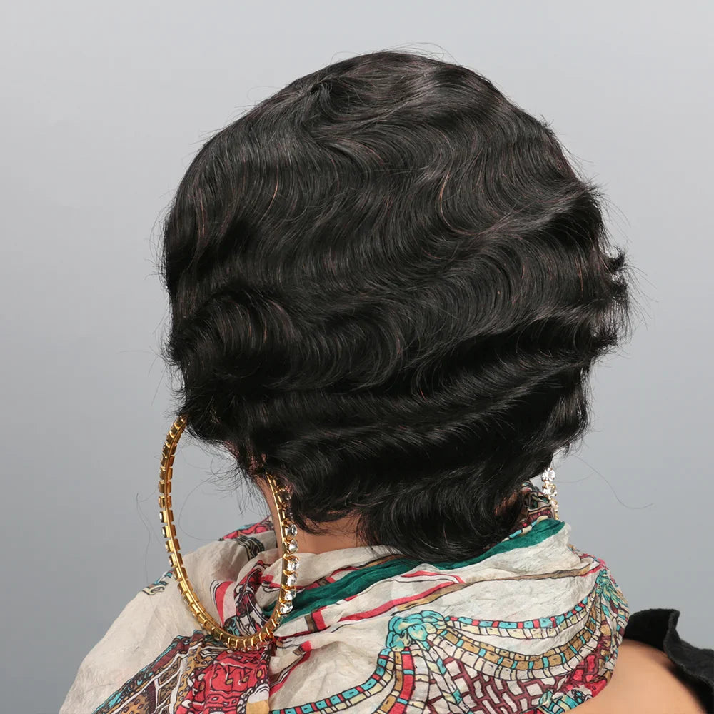 Side view of luxury brown short pixie wig showcasing luscious curls and soft waves crafted from high-quality Remy Brazilian hair.