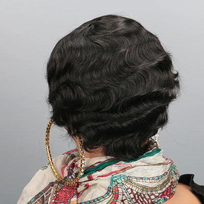 Side view of luxury brown short pixie wig showcasing luscious curls and soft waves crafted from high-quality Remy Brazilian hair.