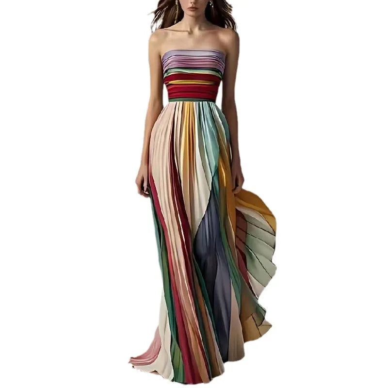 Close-up of the luxurious polyester and spandex fabric of an elegant sleeveless maxi dress, showcasing vibrant stripes.