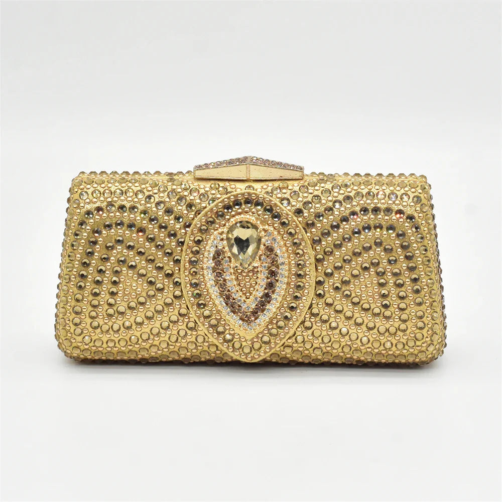 Matching handbag with rhinestone details designed for Italian women's high heel shoes, ideal for upscale events.