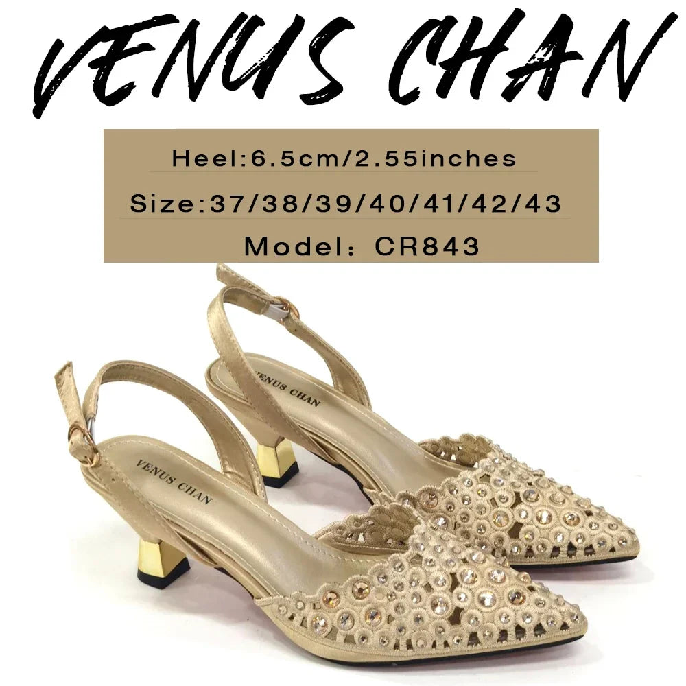 Venus Chan high heel gold luxury shoes adorned with rhinestones, designed for women, showcasing a beautiful butterfly-knot detail, perfect for parties and formal occasions.