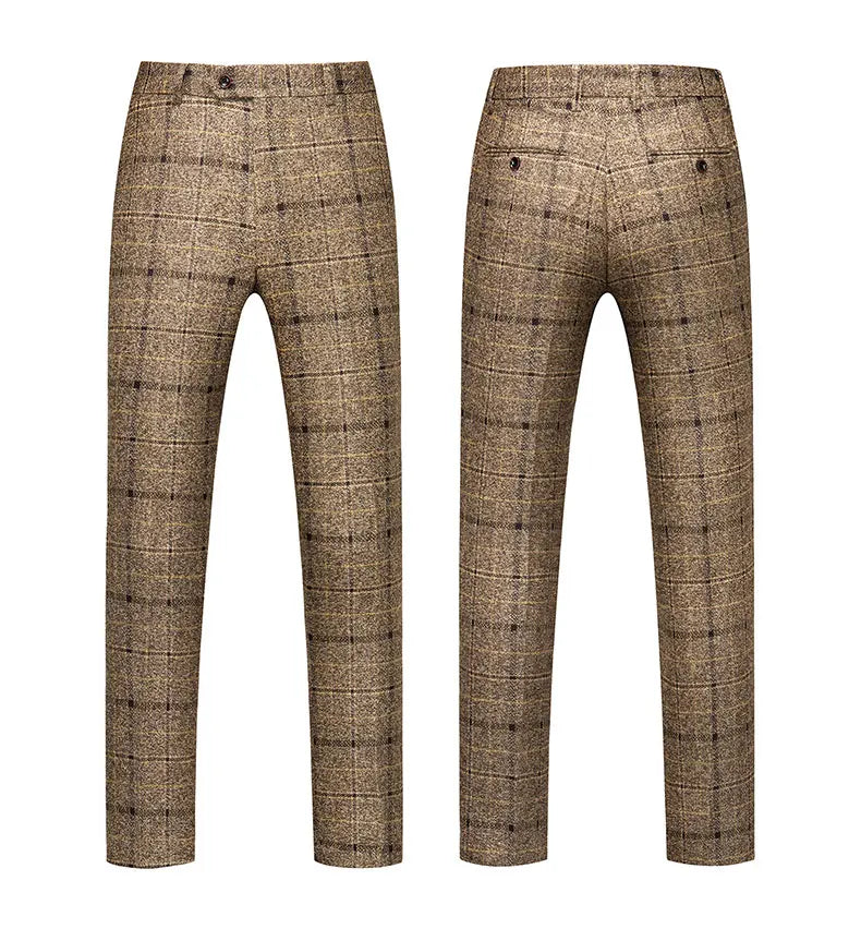 Sophisticated men's one button suit in a smart casual design, featuring a vest and trousers, crafted for the discerning gentleman attending weddings or corporate functions.