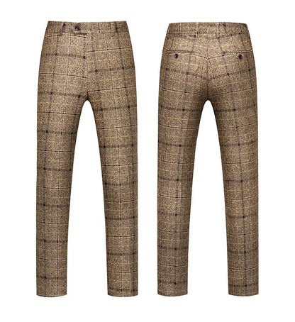 Sophisticated men's one button suit in a smart casual design, featuring a vest and trousers, crafted for the discerning gentleman attending weddings or corporate functions.