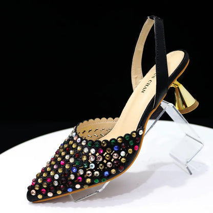 Detailed view of Venus Chan green high heels with crystal accents, highlighting the exceptional quality and fashionable design suitable for modern women.