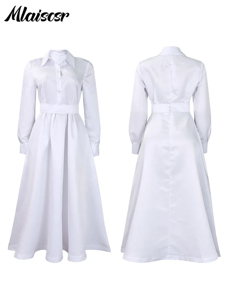 Close-up of Mlaiscsr sophisticated khaki midi dress detailing, highlighting the turn-down collar, full sleeves, and pleated design, ideal for a luxurious office look for women.