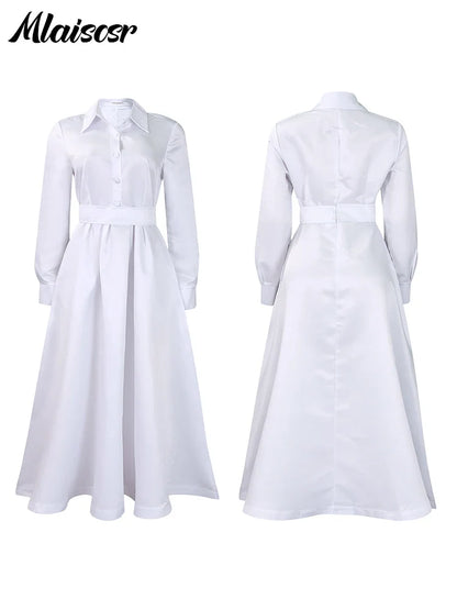 Close-up of Mlaiscsr sophisticated khaki midi dress detailing, highlighting the turn-down collar, full sleeves, and pleated design, ideal for a luxurious office look for women.