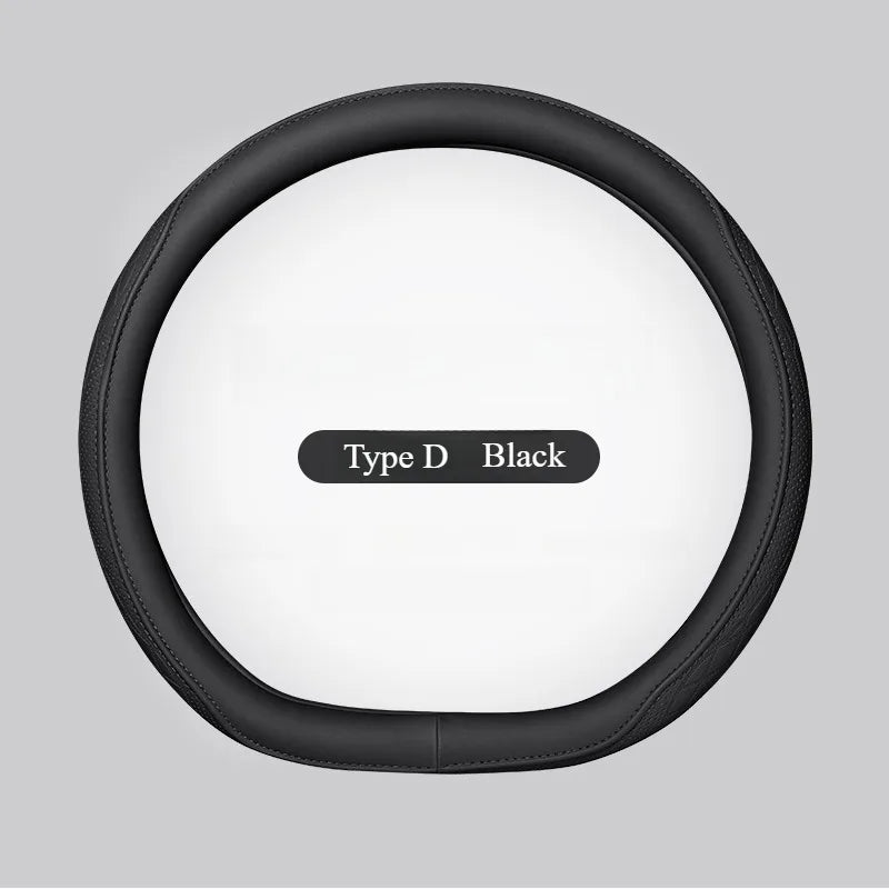 Luxury Napa Leather Perforated Patchwork Steering Wheel Cover, designed for universal fit on 15-inch wheels, featuring a non-slip and breathable design for enhanced driving comfort.